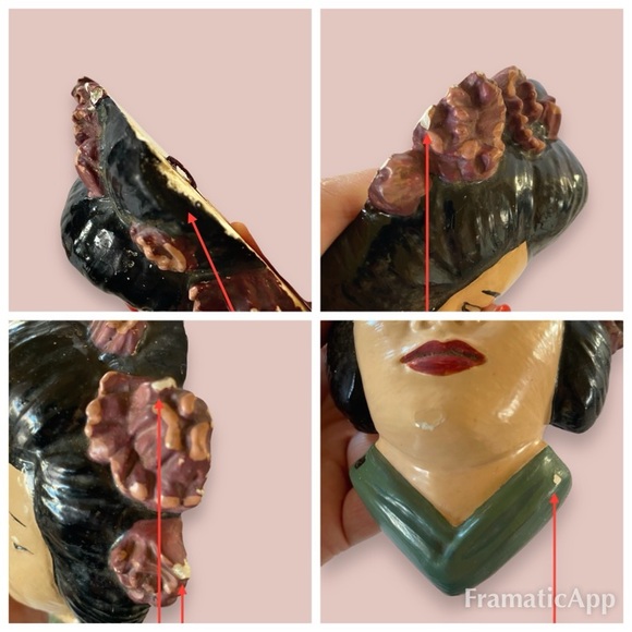 Vintage Hand Painted Male & Female Asian Chalkware Faces Wall Hangings Set of 2 - Picture 8 of 9